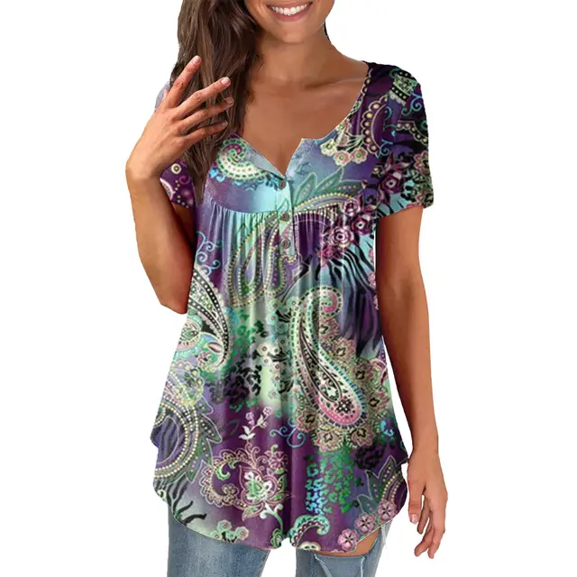Ladies' Printed Ruffled Pullover Short Sleeve 10Color - Shop at LoveMi