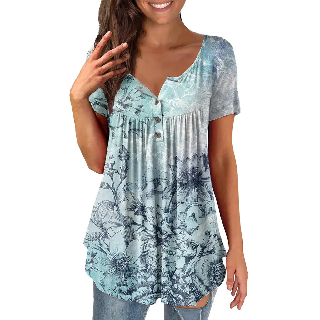 Ladies' Printed Ruffled Pullover Short Sleeve - 6Color