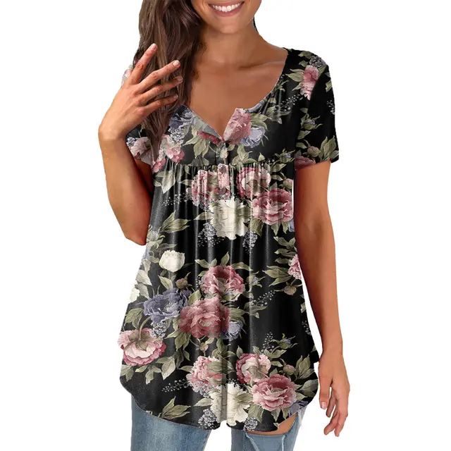 Ladies' Printed Ruffled Pullover Short Sleeve 8Color - Shop at LoveMi