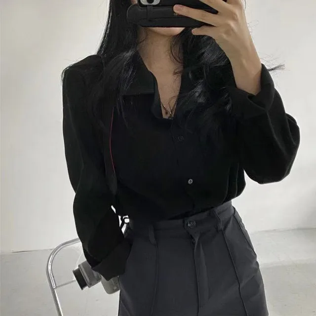Simple And Versatile Candy Color Lapel Single Breasted Shirt Black - Shop at LoveMi