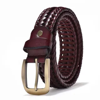 Hand Woven Belt Men's Vintage Breathable Pin Buckle - 802Round Button Wine Red