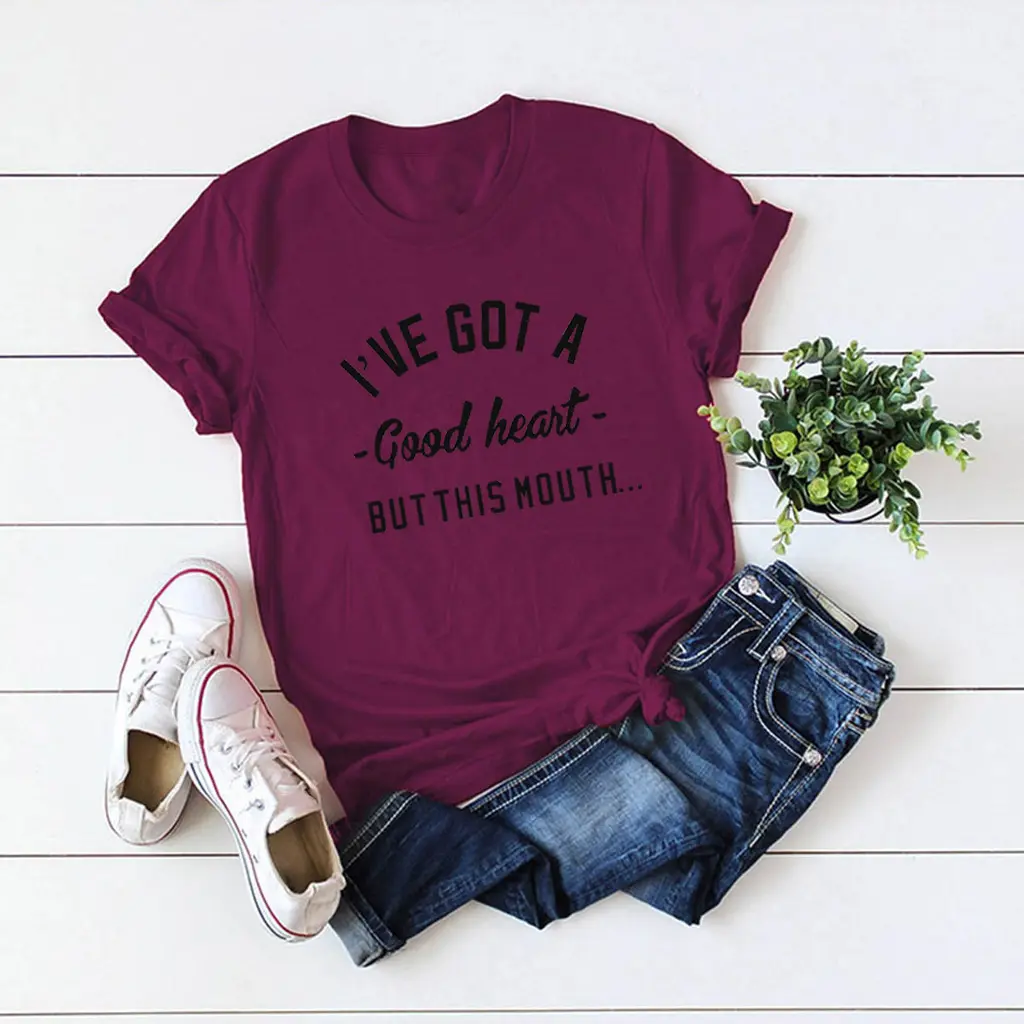 European And American Women's Round Neck Short Sleeve T-shirt - Wine Red