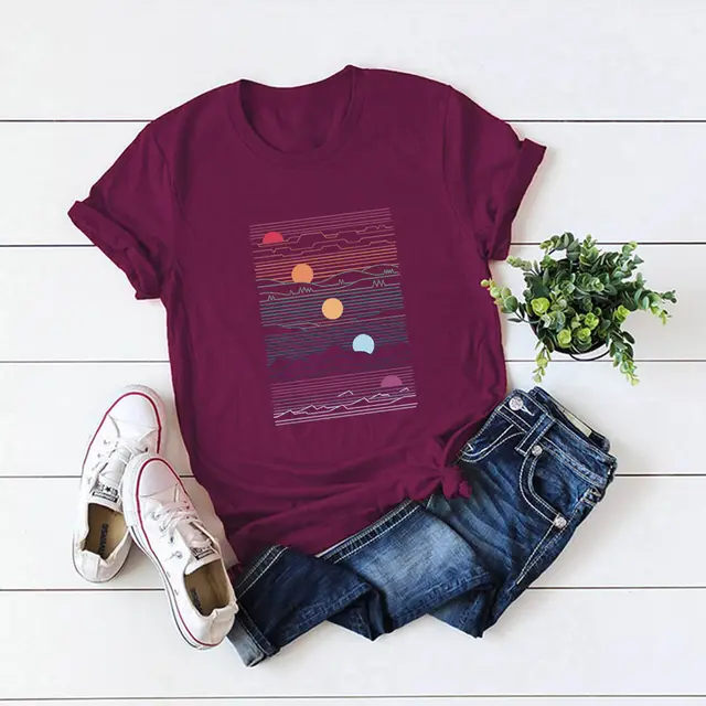 European And American Women's Round Neck Short Sleeve T shirt Wine Red - Shop at LoveMi