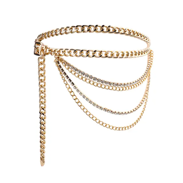 Waist Chain Women Personality Pin Buckle Chain Belt Adornment Dress Gold Hollow Rhinestone Multi layer Waist Seal All Match Gold - Shop at LoveMi