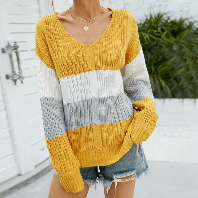 New Color Contrast Women's Knitwear Twist V neck Yellow - Shop at LoveMi