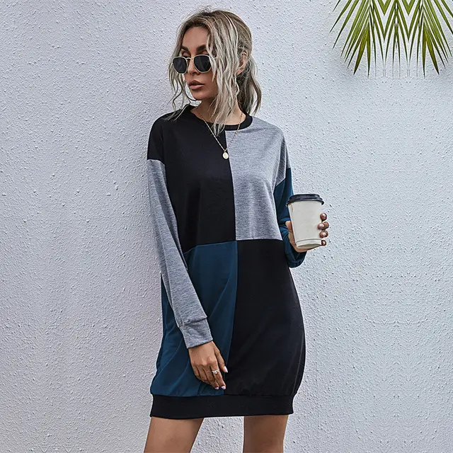 New Splicing Long Sleeve Round Neck Color Contrast Pullover Dress For Women Navy Blue - Shop at LoveMi