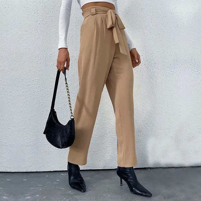 European And American Commuter Style Elastic Tie Wide Leg Pants For Women Khaki - Shop at LoveMi