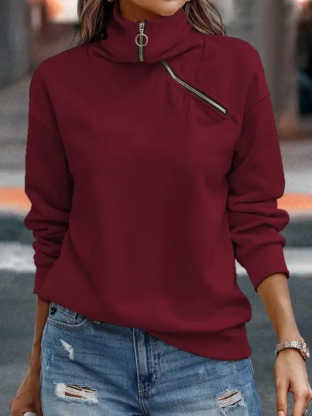 New Women's Solid Zipper High Neck Casual Loose Sweater Wine Red - Shop at LoveMi