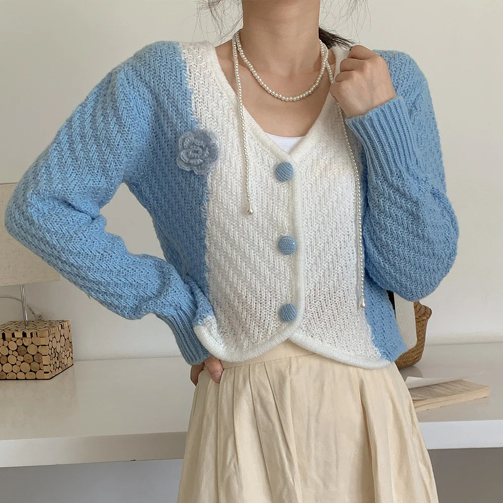 Women's Color Blocking French Casual Sweater Blue - Shop at LoveMi