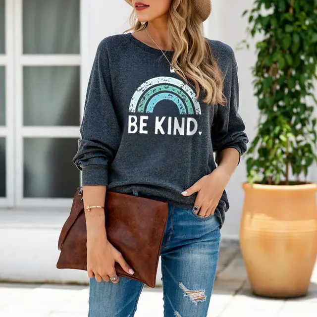 Casual Loose Round Neck Rainbow Print Sweater Green - Shop at LoveMi