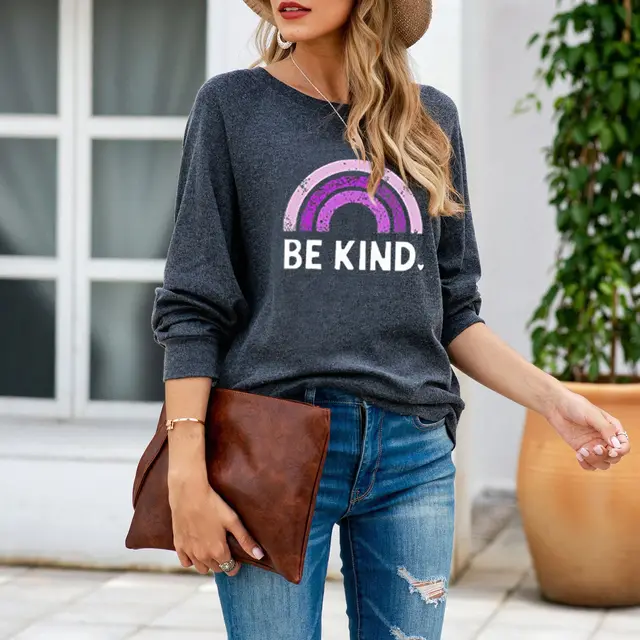 Casual Loose Round Neck Rainbow Print Sweater Purple - Shop at LoveMi
