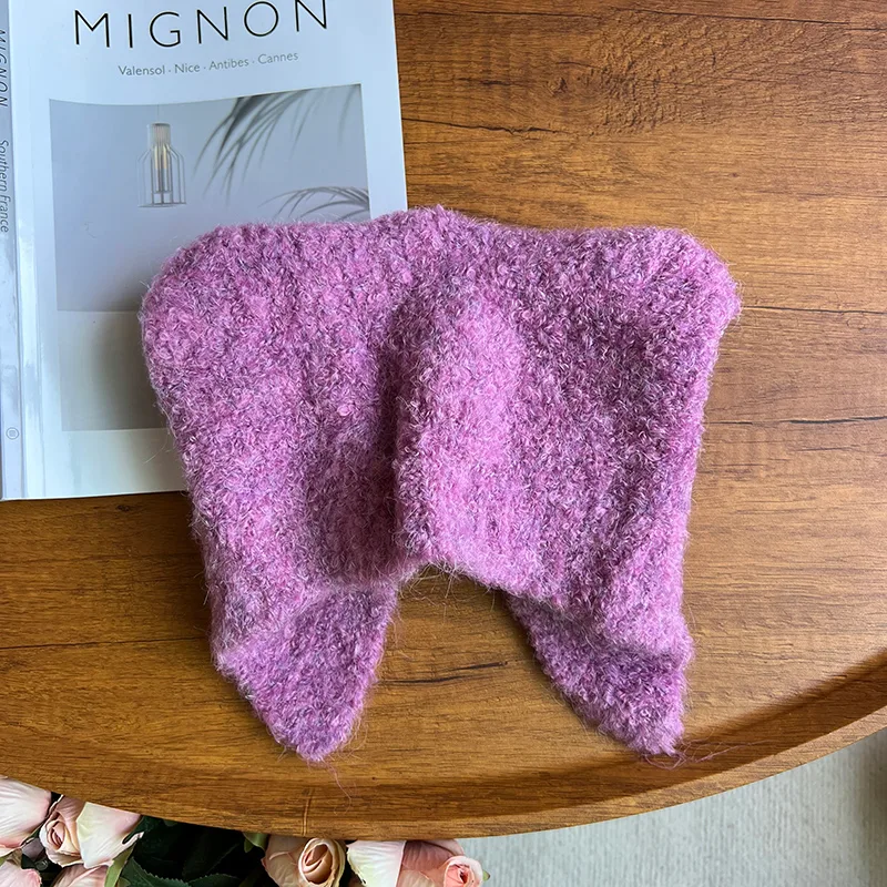 Warm Ear Protection Wool Blended Bear Ear Knitted Hat - Purple
