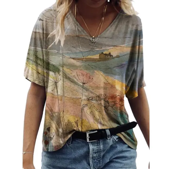 Floral Print Pullover V neck Short Sleeve T shirt For Women Styles5 - Shop at LoveMi