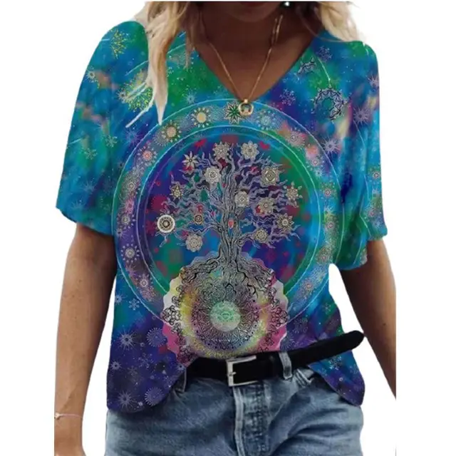 Floral Print Pullover V neck Short Sleeve T shirt For Women Styles8 - Shop at LoveMi