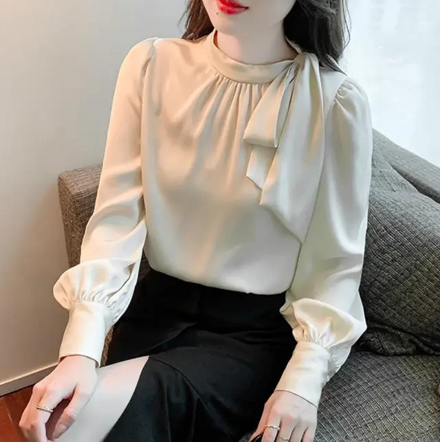 Autumn Satin Shirt Bow Tie up Top Apricot - Shop at LoveMi