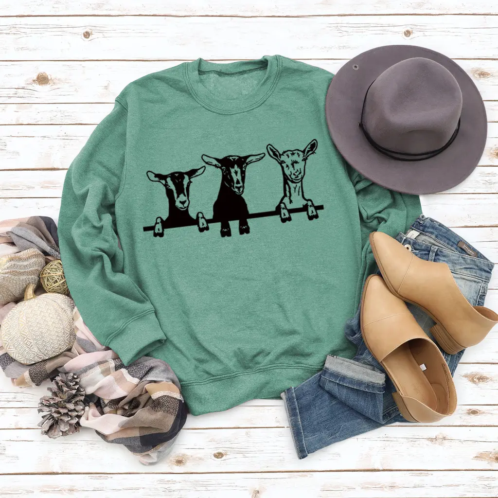 Cute Alpaca Print Casual Crew Neck Sweatshirt - Light Green Jumper Black Font