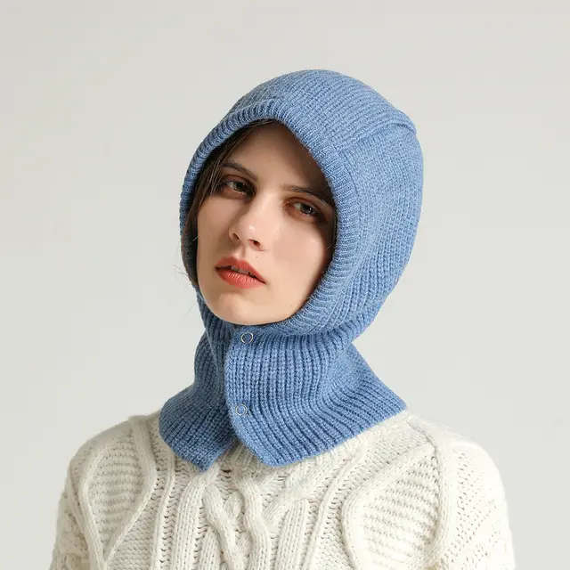 One Piece Warm Solid Button Wool Hat Neckband Blue - Shop at LoveMi