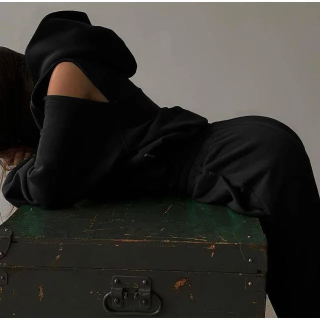 Women's Solid Casual Simple Sports Hooded Sweater Trousers Suit Black - Shop at LoveMi