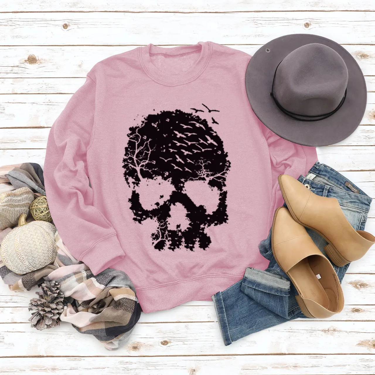Women's Skull Print Blouse Loose Long Sleeve - Pink Jumper Black Font