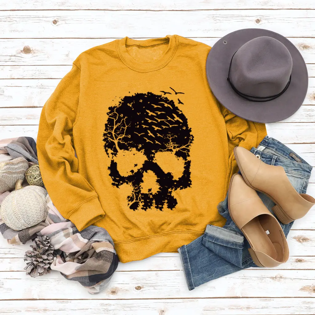 Women's Skull Print Blouse Loose Long Sleeve - Yellow Jumper Black Font