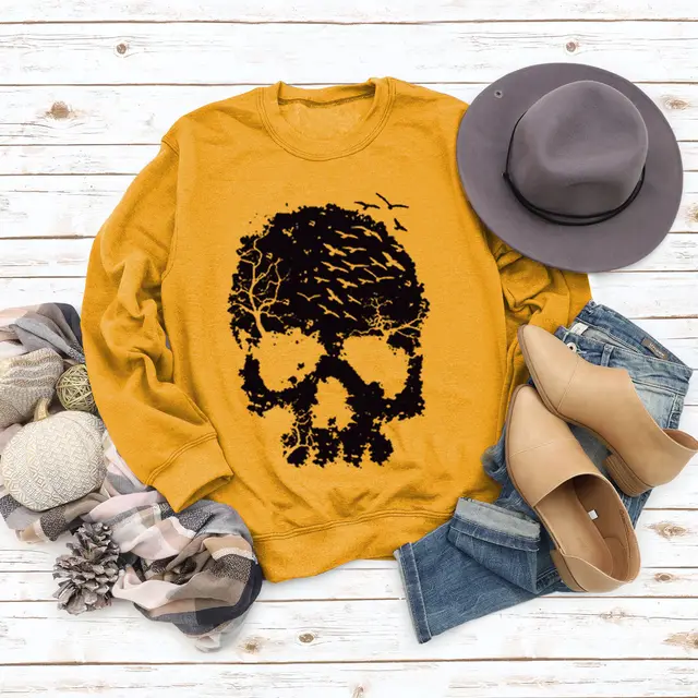Women's Skull Print Blouse Loose Long Sleeve Yellow Jumper Black Font - Shop at LoveMi