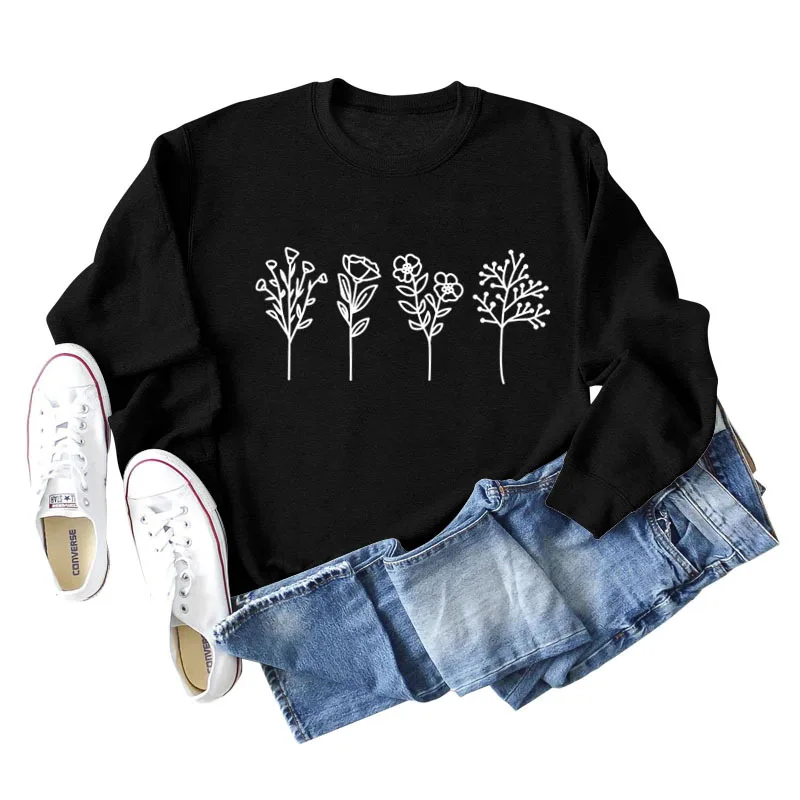 Four Flowers Printed Casual Long Sleeve Sweatshirt Black Jumper White Font - Shop at LoveMi