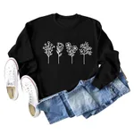 Four Flowers Printed Casual Long Sleeve Sweatshirt - Black Jumper White Font
