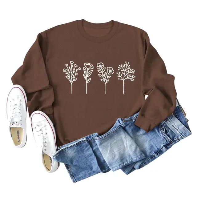 Four Flowers Printed Casual Long Sleeve Sweatshirt Coffee Jumper White Font - Shop at LoveMi