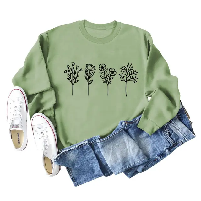 Four Flowers Printed Casual Long Sleeve Sweatshirt Olive Green Jumper Black Font - Shop at LoveMi