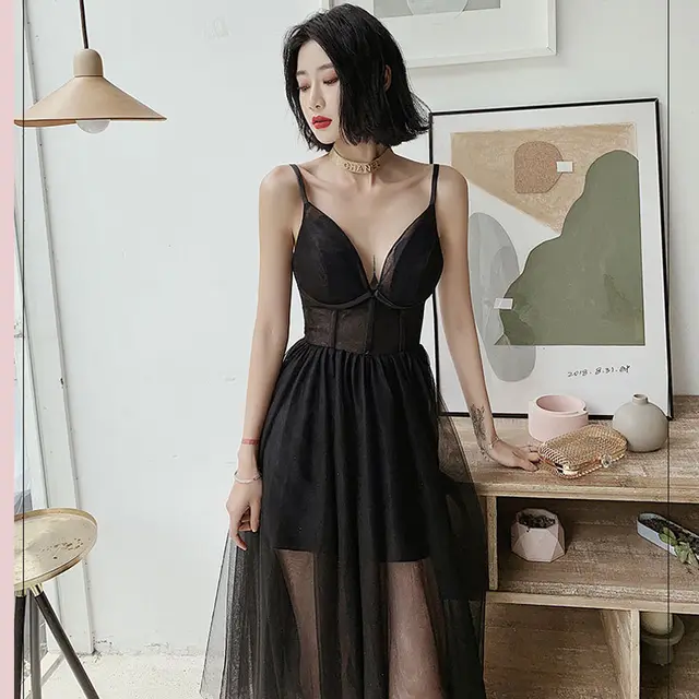 Sexy Suspenders V neck Gauze Evening Dress Black - Shop at LoveMi