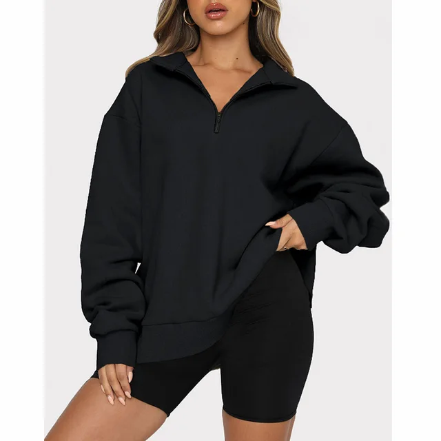 Casual Top Half Zipper Pullover Long Sleeved Sweatshirt Black - Shop at LoveMi