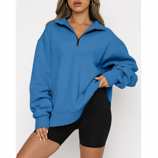 Casual Top Half Zipper Pullover Long Sleeved Sweatshirt Blue - Shop at LoveMi