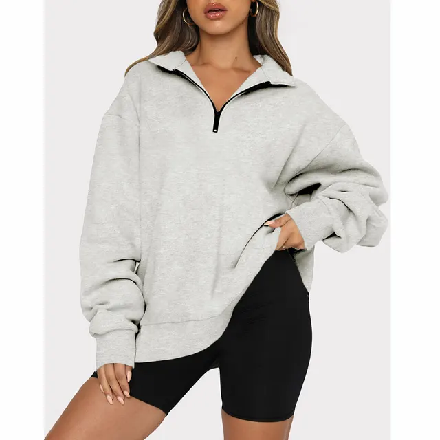 Casual Top Half Zipper Pullover Long Sleeved Sweatshirt Grey - Shop at LoveMi