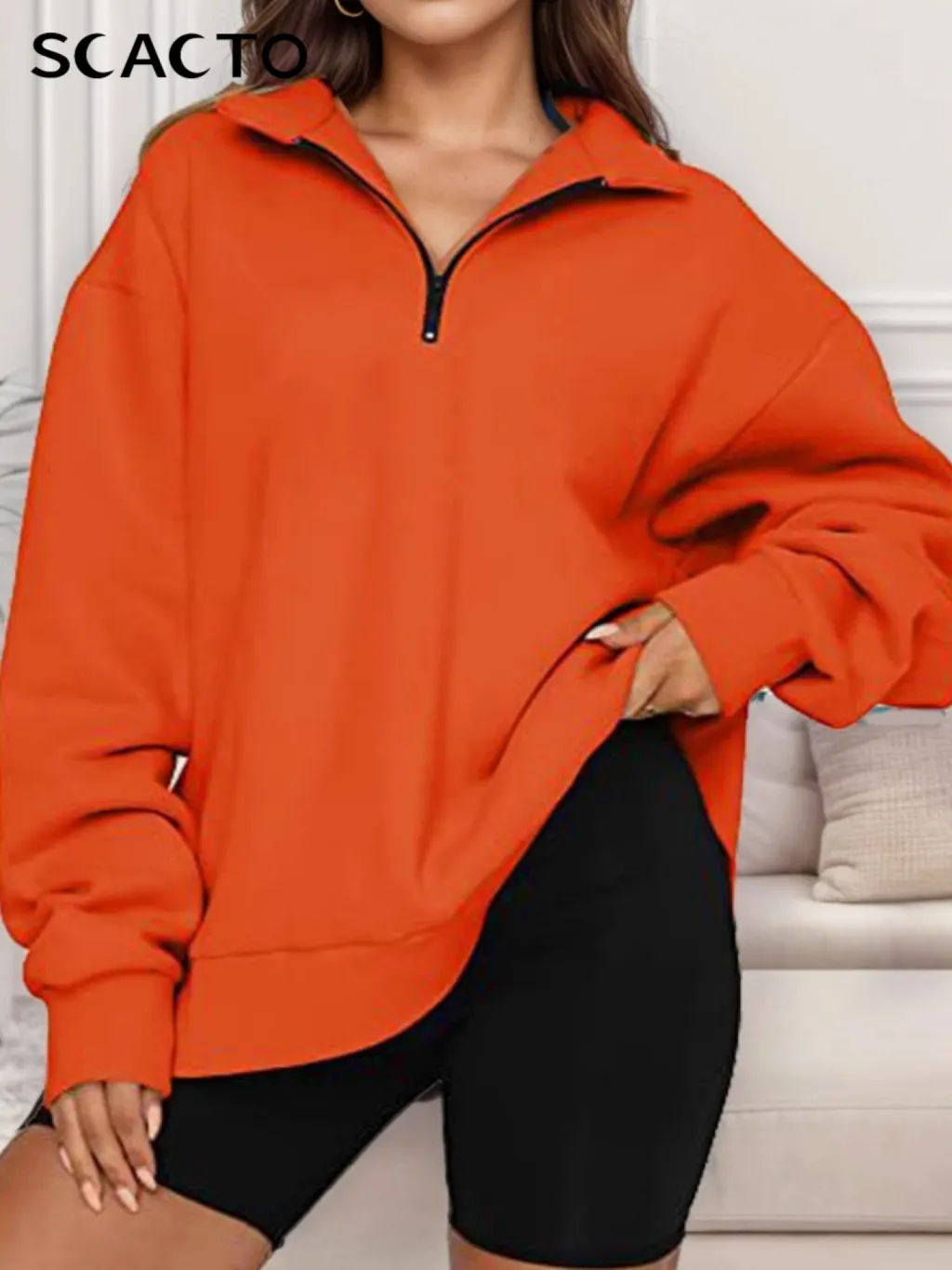 Casual Top Half Zipper Pullover Long Sleeved Sweatshirt - Orange - View 1
