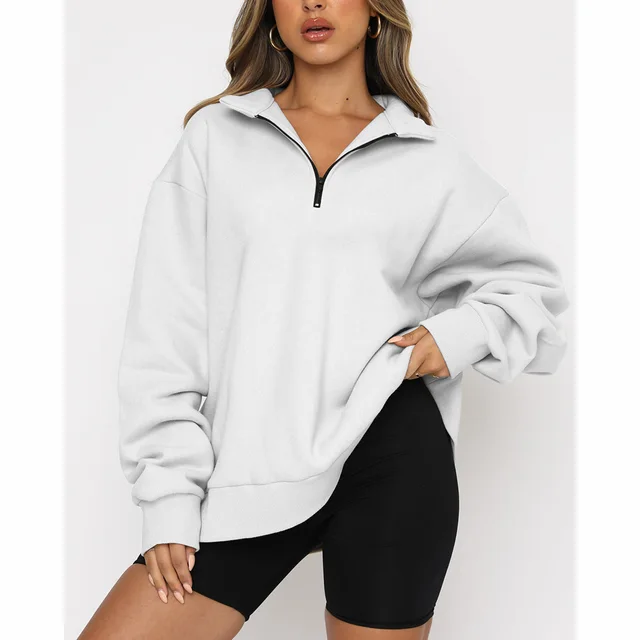 Casual Top Half Zipper Pullover Long Sleeved Sweatshirt White - Shop at LoveMi