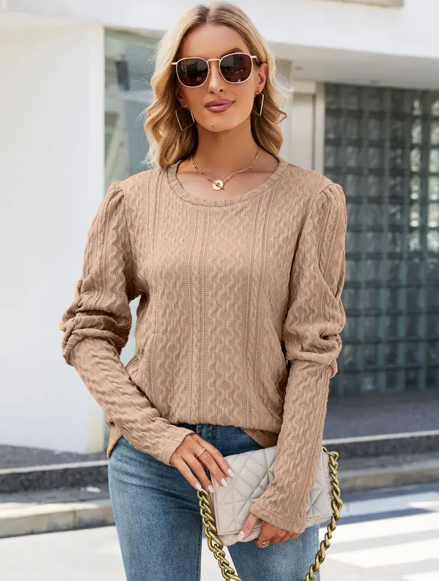 Solid Color Jacquard Round Neck Puffed Sleeve Knitted Sweater For Women Khaki - Shop at LoveMi