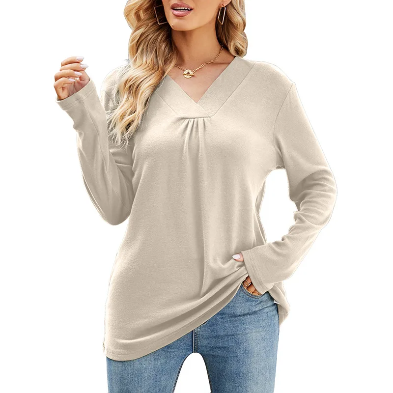 Women's Casual V Neck Long Sleeve Loose T Shirt In Solid Colour - Apricot