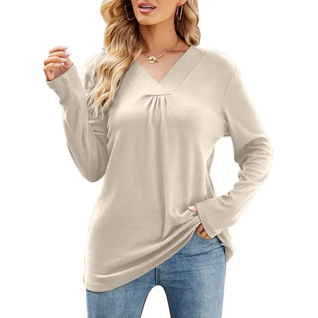 Women's Casual V Neck Long Sleeve Loose T Shirt In Solid Color Apricot - Shop at LoveMi