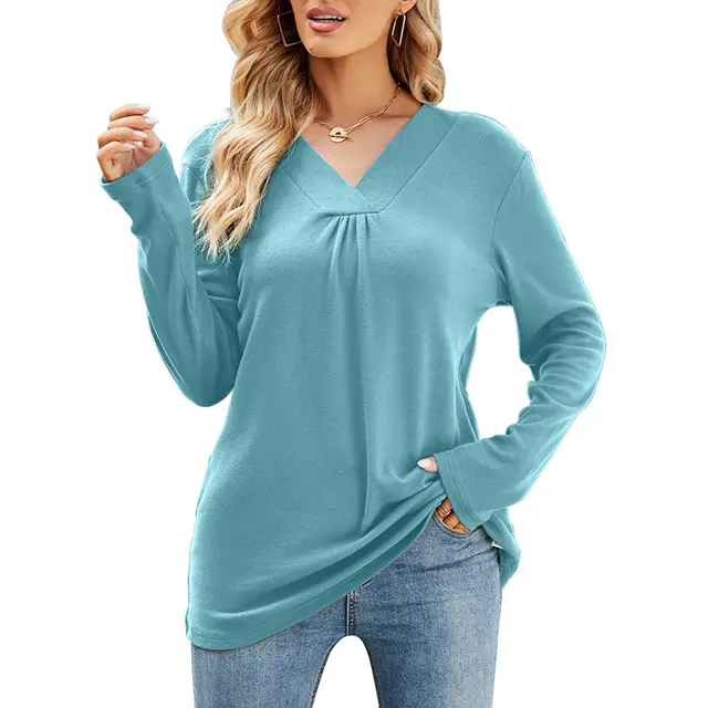 Women's Casual V Neck Long Sleeve Loose T Shirt In Solid Color Blue - Shop at LoveMi