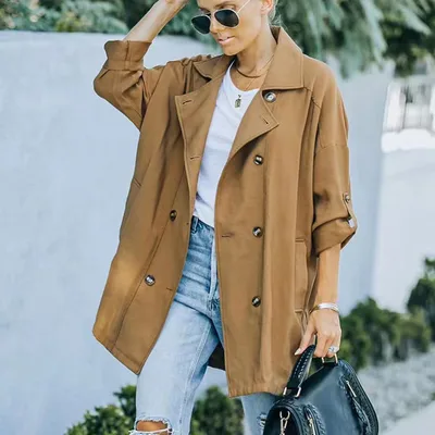Medium Long Loose Casual Long Sleeve Trench Coat Camel - Shop at LoveMi