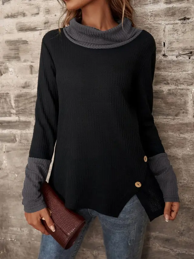 Waffle Half High Collar And Long Sleeves Black - Shop at LoveMi