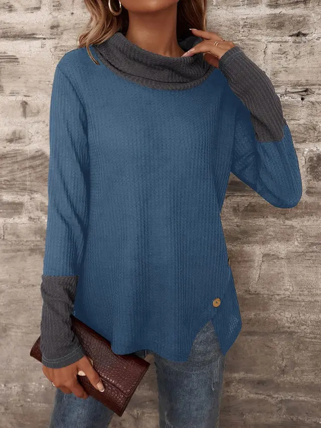 Waffle Half High Collar And Long Sleeves Blue - Shop at LoveMi