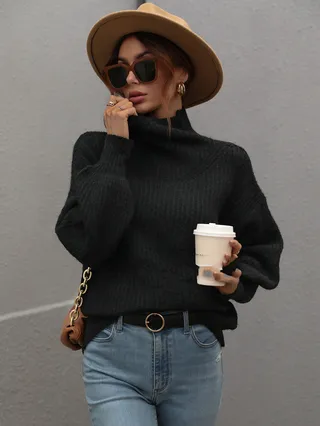 Solid Color Sweater With Turtleneck And Loose Pullover - Black