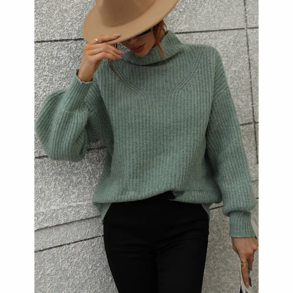 Solid Color Sweater With Turtleneck And Loose Pullover - Green