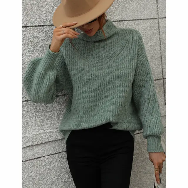 Solid Color Sweater With Turtleneck And Loose Pullover Green - Shop at LoveMi