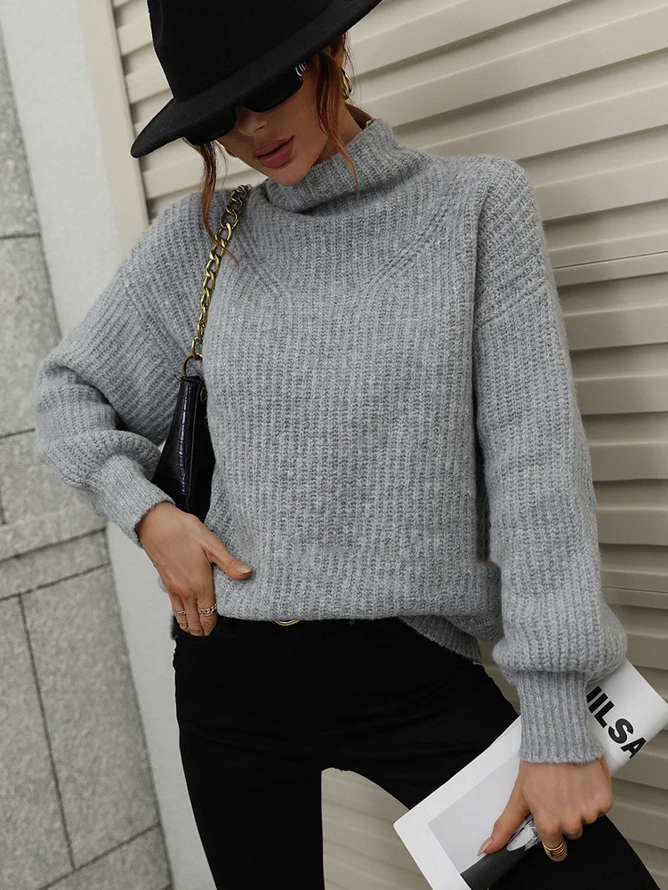 Solid Color Sweater With Turtleneck And Loose Pullover Light Grey - Shop at LoveMi