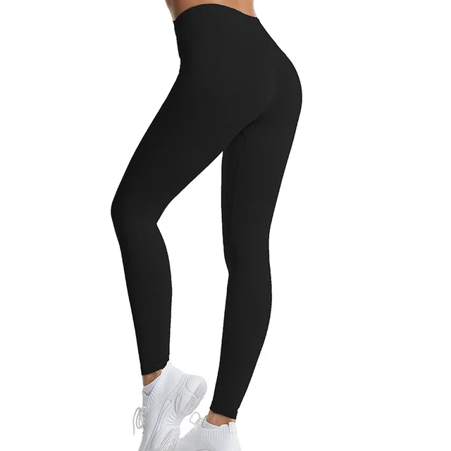High Waisted Threaded Gym Pants Solid Color Plus Size Seamless Black - Shop at LoveMi