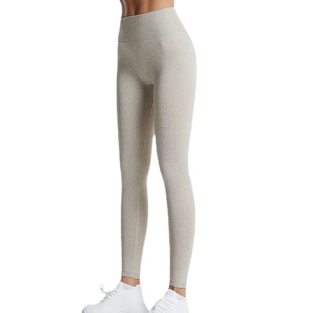 High Waisted Threaded Gym Pants Solid Color Plus Size Seamless Khaki - Shop at LoveMi
