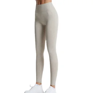 High Waisted Threaded Gym Pants Solid Color Plus Size Seamless - Khaki