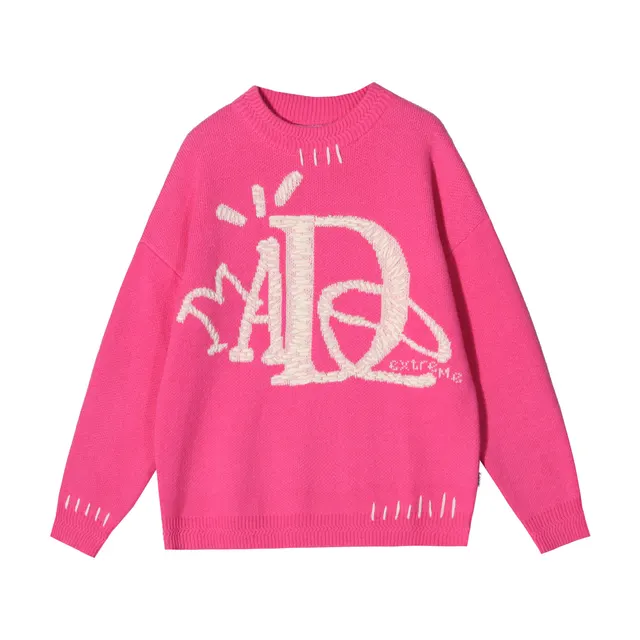 Vintage Street Funny Letter Hand Embroidered Sweater Rose Red - Shop at LoveMi